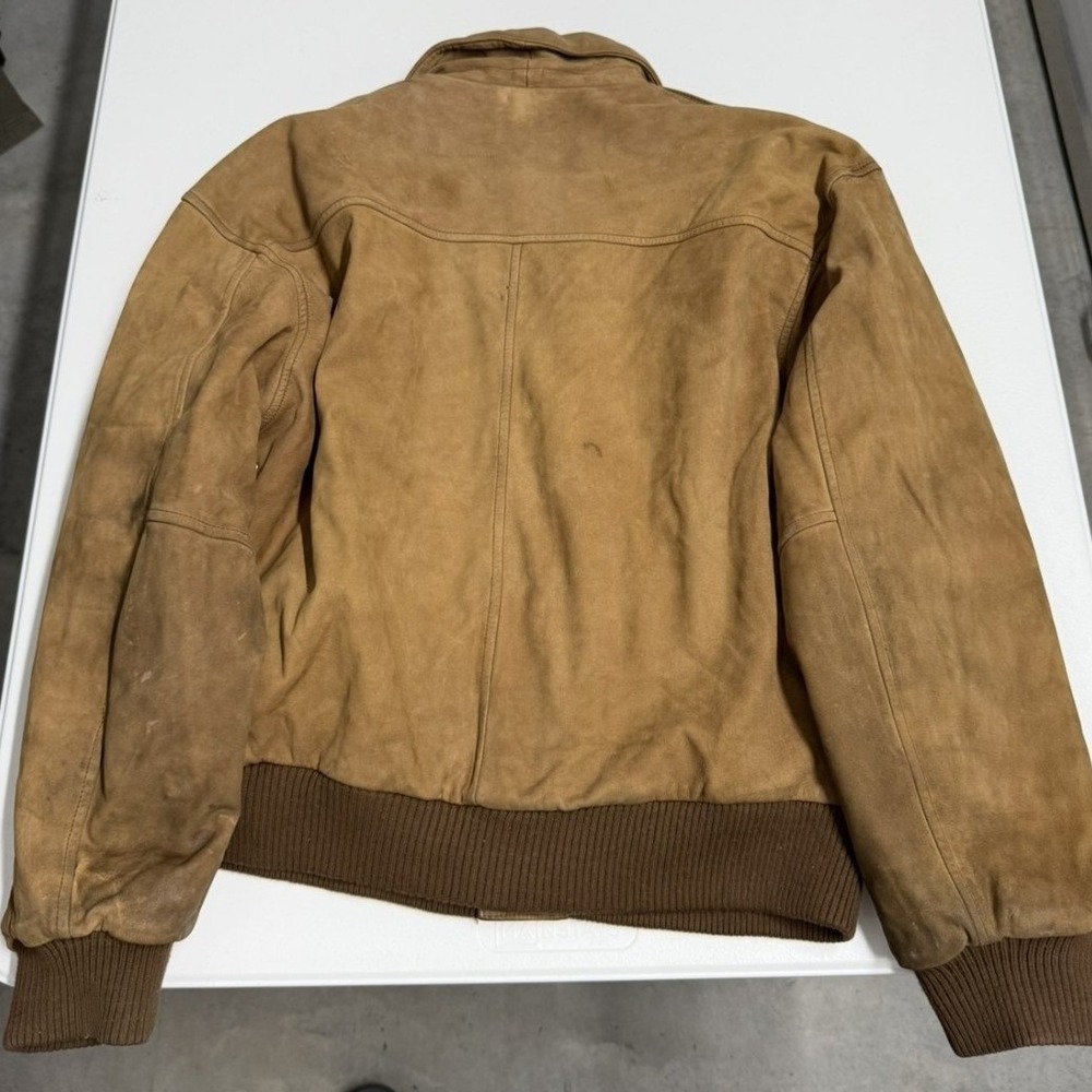 G-III Leather Bomber Jacket Mens Small Tan Good Distressed Aviator Map Lining - Picture 8 of 9